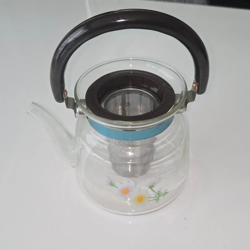 Vintage KJF Direct Heating Glass Teapot Floral Daisy Stainless Infuser Stovetop